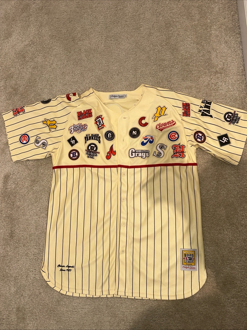 Mitchell & Ness Men's Cream Patchwork Pinstripe Baseball Jersey